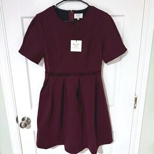 Six Crisp Days Burgundy Short Sleeve Pleated Fit‎ and Flare Mini Dress Size M